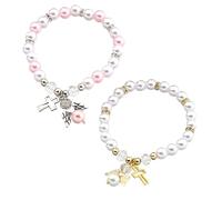 LALADEFIEE 2pcs Beaded Pearl Bracelet with Hollow Cross Design Elastic Wrist Chain for Women Durable Material Mixed White and Pink Colors Creative Religious Daily Wear
