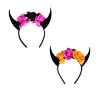 LALADEFIEE 2Pcs Halloween Skull Horn Headbands with Flower Decorations Lightweight Devil Horn Hair Bands for Costume Parties Cosplay and Themed Events Comfortable All-day Wear