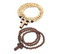 LALADEFIEE 2pcs Men’s Wooden Cross Necklaces Beaded Prayer Rope with Jesus Pendant, Handmade Wood Bead Necklace for Christian Faith, Hip Hop Style Accessories for Daily Wear