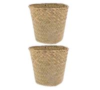 LALADEFIEE 2Pcs Mini Woven Seagrass Waste Baskets Small Round Desktop Storage Bins Boho Trash Cans for Bedroom Bathroom Sundries Organizing