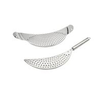 LALADEFIEE 2pcs Stainless Steel Moon-Shaped Pot Strainer for Kitchen Heat-Resistant Pasta and Vegetable Drainer with Side Grips Dishwasher Safe Rust-Resistant Pan Strainer