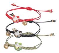 LALADEFIEE 3 Pcs Maneki Neko Cat Bracelets Set Bell, Adjustable Red Green Black Braided Rope Wristbands, Japanese Lucky Charm Jewelry for Women’s Luck and Prosperity