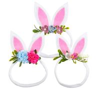 LALADEFIEE 3pcs Bunny Ear Elastic Hairbands for Toddler Girl, Pink Glitter Fabric Headbands Faux Flowers and Pearls, Baby Birthday Party Headwear and Festival Headband Props