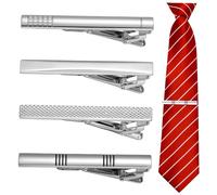 LALADEFIEE 4 Pcs Silver Copper Tie Clips Set for Men Minimalist Tie Bars with Strong Spring Grip Compact Stylish Necktie Pinch Clasps for Business Wedding Formal Suit Accessories