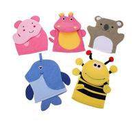 LALADEFIEE 5pcs Exfoliating Gloves for Body Bath Mitts Cute Cartoon Animal Design Elephant Bee Hippo Penguin Bear Composite Cotton Shower Scrubber for Gentle Dead Skin Removal and Fun Bath