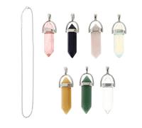 LALADEFIEE 7Pcs Natural Stone Crystal Pendant Necklace Set Hexagonal Column Shape Multi-Color Green Aventurine Watermelon Tourmaline Lapis Rose Quartz Yellow Jade Protein White for Women