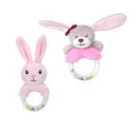 LALADEFIEE Animal Plush Set for Babies - Soft Cartoon Handheld Shaker Rings with Teething Feature, Early Education Sensory for Newborns and Infants, 2pcs Pink Long-Eared Rabbit