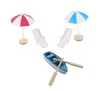 LALADEFIEE Beach Style Miniature Ornament for DIY Fairy Garden Mini Decor with Blue Boat Red Blue Umbrellas Beach Chairs Wooden Oars Creative Home Decoration with Smooth Edges
