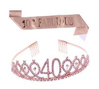 LALADEFIEE Birthday Party Set 2pcs Crown Sash Rose Gold 40th Birthday Queen Accessory