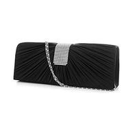 LALADEFIEE Black Satin Women's Evening Clutch Bag with Pleated Front and Rhinestone Decoration Magnetic Snap Closure Concealable Silver Chains Bridal Wedding Tote for Keys Phone and Cosmetics