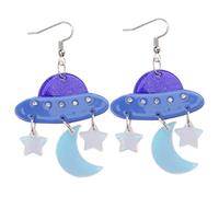 LALADEFIEE Blue Spaceship Moon Star Earrings for Women Lightweight Acrylic Dangling Jewelry Skin-friendly Material Fashionable Festival Accessory Charming Idea
