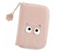 LALADEFIEE Cat Pattern Small Wallet for Women - Pink Leather Mini Coin Purse and Id Card Holder, Compact Double Folded Money Pouch for Travel and Everyday Use