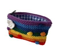 LALADEFIEE Colourful Knitted Coin Purse in Woolen Yarn with Decorative Flowers and Balls, Practical Rainbow Wallet for Daily Use Carrying Keys, Phone, and Makeup Accessories