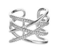 LALADEFIEE Delicate Women Ring with Double Layer Crossed Lines Design, Copper Inlaid with Zircon, Silver Colour, Fine Workmanship, for Weddings and Banquets