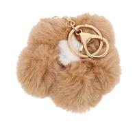 LALADEFIEE Flower Key Ring with Khaki Faux Pom Pom, Bag and Backpack Pendant, Artificial Ball Keychain for Women’S Handbag and Car Keys