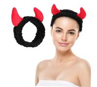 LALADEFIEE Horn Makeup Headband for Washing Face, Plush Skincare Headband with Red Horn Design, Black Facial Hairband for Women’s Daily Shower and Makeup Removal
