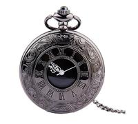 LALADEFIEE Retro Classic Round Pocket Watch with Dual Roman and Arabic Numerals Dial, Black Face with White Hands, Steampunk Vintage Style with Thin Chain for Men’s Everyday Wear