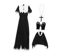 LALADEFIEE Scary Zombie Nun Costume for Women Halloween Cosplay Outfit Black Party Dress Up Robe Cloak with Hood Halloween Prop Accessory