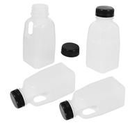 LALADEFIEE Sealed Plastic Beverage Bottles with Black Lids, 4pcs Reusable Portable Milk and Juice Containers for Travel, Commercial Liquid Storage