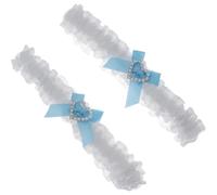 LALAFINA 2pcs White Lace Wedding Garter Set with Rhinestones and Ribbon Bow for Bride Comfortable Wearing Experience Skin-Friendly Stretch Range 14-25 Inches for Prom and Banquet