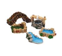 LALAFINA 5pcs Miniature Resin Retro Landscape Ornaments Vintage Well Mountain Stream Wooden Pool Grass Pond Stone Bridge for Fairy Garden Decor