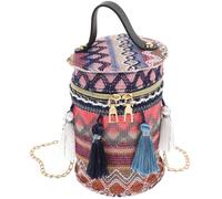 LALAFINA Ethnic Phone Pouch Tassel Crossbody Bag Ethnic Style Straw Braid Alloy Cosmetic Storage Handbag for Women Day Trip Picnic Purple