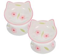 LALAFINA Puppy Feeding Bowl Raised Ceramic Cat Bowl for Cats and Pets, Tilted Design, Anti-Spill, Neck Support, 2pcs, 4.5 Inch, Cat Ear Shape