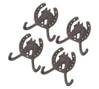 LALAFINA Wrought Iron Hat Hooks Double Hook Horse Head Horseshoe Cast Iron Gray 4 Pieces for Coats Towels Hats Home Room Decoration
