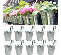 LaLaGreen Fence Planters for Outdoor Plants (10 Pack, 4 Inch) Balcony Planter Railing Hanging, Small Silver Metal Flower Pot Rail Wall Cute Farmhouse Garden Rustic Deck Porch Window Box Bucket Decor