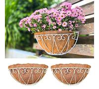 LaLaGreen Outdoor Wall Planters (2 Pack, 12 Inch) White Metal Wall Mounted Hanging Basket with Coco Liner, Flower Pot Plant Holder Semi-Circle Planter for Fence Railing Deck Porch Balcony Garden Decor