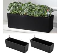 LaLaGreen Planter Box for Indoor Plants (2 Pack, 16 Inch) Black Rectangular Self Watering Flower Pot, Large Window Boxes Planters with Drainage Decorative Modern Balcony Windowsill Herbs Home Garden