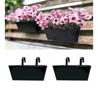 LaLaGreen Railing Hanging Planters - 2 Pack, 16 Inch Large Black Metal Flower Pots Outdoor Countryside Modern Rectangle Succulent Planter with Drainage Holes Hanger Balcony Deck Rail Fence Porch