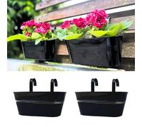 LaLaGreen Railing Planter Outdoor Plants (11.2 Inch, 2 Pack) Black Metal Iron Hanging Flower Pots Deck Rail Fence Hanging Bucket Modern Countryside Style Window Box Plant Holder with Hooks Porch Decor