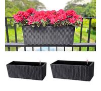 LaLaGreen Railing Planters for Balcony Garden (2 Pack, 20 Inch) Self Watering Black Balcony Flower Boxes Over The Rail with Brackets, Rectangular Hanging Deck Planters Outdoor with Rattan Pattern