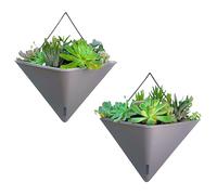 LaLaGreen Succulent Wall Planters - 2 Pack, 12 Inch Large Self Watering Wall Hanging Planters for Indoor Plants Gray Wall Mount Triangle Geometric Flower Vase Pot Black Metal Hanger Living Wall Decor
