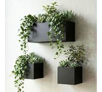 LaLaGreen Wall Planters (3 Set) Rectangular Wall Mounted Hanging Flower Boxes for Outdoor Plants, Black Metal Windox Box Planter Plant Pot Container Modern Balcony Windowsill Herb Home Garden Decor