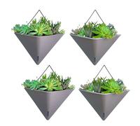 LaLaGreen Wall Planters for Indoor Plants - 4 Pack, 12 Inch Large Self Watering Gray Geometric Hanging Flower Vase Vessel with Metal Hanger, Modern Stylish Wall Mounted Succulent Pot Holder Decor