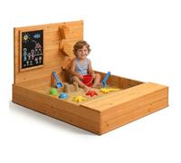 LALAHO Sand Pit with Bench, Storage Space Sandbox with Blackboards & Safety Corners, Fun Wooden Sandpits for Toddler with Lid, Ideal Creative Play and Adventure Outdoor Playhouse, 119 x 101 x 76 cm