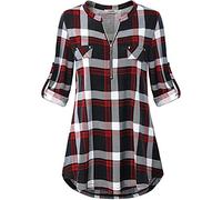 Lalala Women's V-Neck 3/4 Sleeve Blouse Plain Checked Shirt Zip Tunic Tops Long Shirt T-Shirt, B_burgundy chequered, XXXL