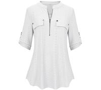 Lalala Women's V-Neck 3/4 Sleeve Blouse Plain Checked Shirt Zip Tunic Tops Long Shirt T-Shirt, Z-White-XG36, XL