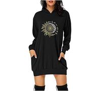 Lalaluka Dresses Women's Hoodie Dress Short with Hood Long Sleeve Pockets Sun Moon Print Loose Sweatshirt Pullover Dress Long Blouses Slip Blouse Casual Dress Shirt Dresses Women's Dresses, black, L