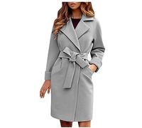 Lalaluka Women's Plain Slim Cut Wool Coat with Belt Lapel Cardigan Down Jacket Parka Women's Winter Coats, gray, S