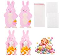 LALASTYLE 20 Pcs Easter Gift Bags with Pink Bunny Greeting Card & Self-Adhesive Dots, 6x15cm Self-Seal Candy Treat Bags for Easter Party Favours, Egg Hunts & Gifts