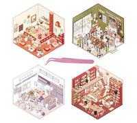 LALASTYLE 4 Sets DIY 3D House Stickers - 3D Miniature Scene Stickers, Make Your Own Bookstore, Restaurant, Supermarket & Coffee Shop