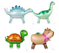 LALASTYLE 4PCS Large 3D Animals Walking Balloons with Wheels Dinosaur, Capybara,Turtle Animals Foil Balloons for Birthday Parties, Zoo Theme Decor, Party Favours