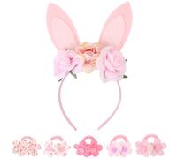 LALASTYLE Bunny Pink Floral Bunny Ear Headband with 5 Hair Ties - Easter & Spring Hair Accessories for Women, Girls, Hen Dos & Themed Parties