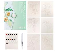 LALASTYLE Floral Watercolour Workbook with Envelope Storage Design, Complete Painting Kit with 6 Pre-Sketched Flower Drawings, 12 Colour Paint Cards & Water Brush, Portable Art Set