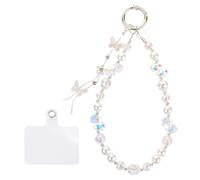 LALASTYLE White Crystal Phone Charm,Sparkling Butterfly Tassel Crystal Phone Wristlet Anti-Lost Lanyard,Bling Strap Wrist Beads Chain Keychain Bag Decro