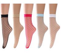 LALESTE Women Ankle Fishnet Socks Elastic Hollow Out Mesh Lace Net Socks For Dress and party Wear Multi Colors 5 Pairs, 5 Pack(black,nude,watermelon Red,blue,white), One size