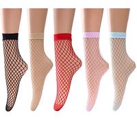 LALESTE Women Ankle Fishnet Socks Elastic Hollow Out Mesh Lace Net Socks For Dress and party Wear Multi Colors 5 Pairs, 5 Pack(black,nude,red,purple,blue), One size